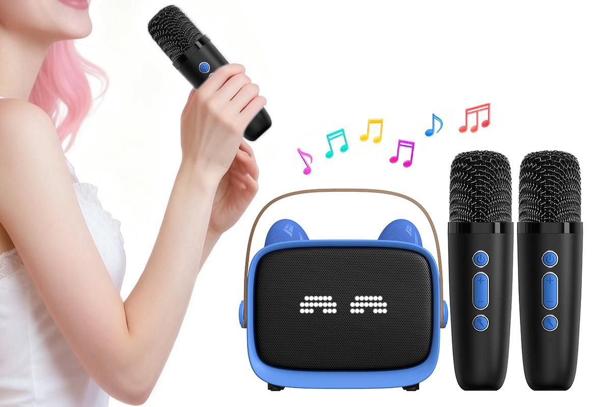 Mini Karaoke Machine Toys Gifts Portable MP3 Player with 2 Wireless Microphone - Pink