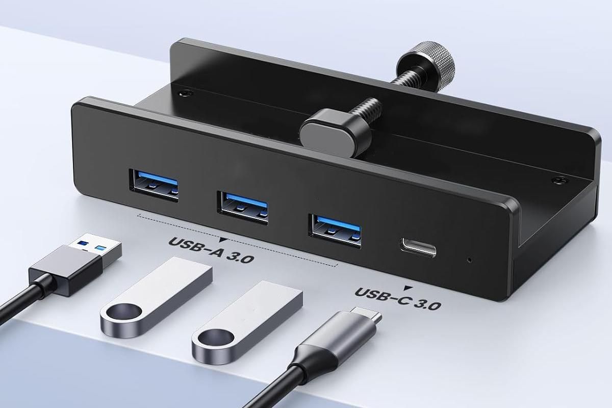 USB Hub 3.0 Aluminum 4-Port USB Adapter with 3 USB-A Data Ports for Monitors Desks - Black