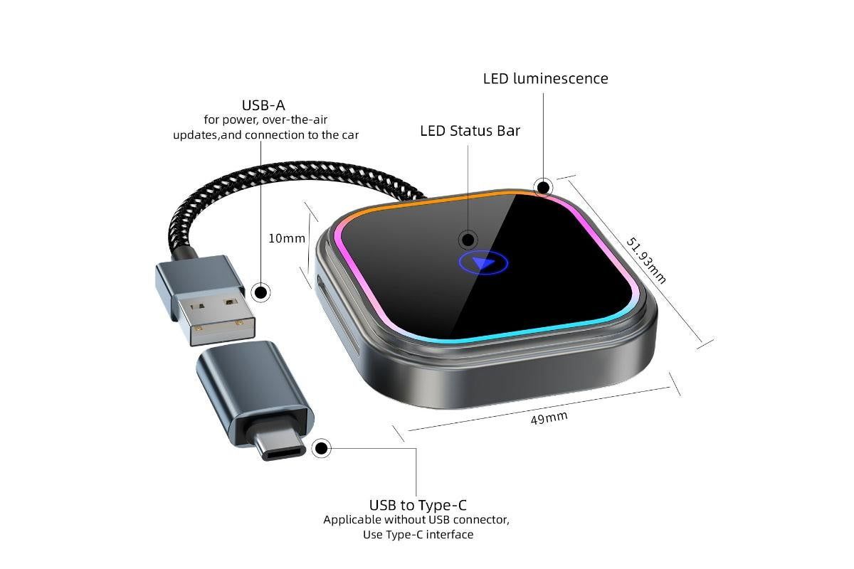 Wireless CarPlay Adapter for Car USB to Type-C Plug and Play Compatible with iPhone