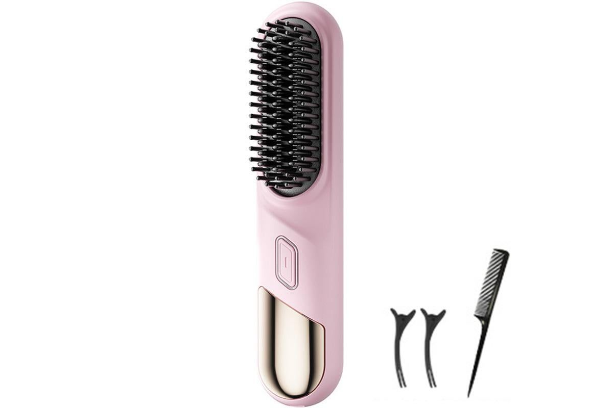 Portable Cordless Heated Straightening Brush for Travel Cordless Hair Straightener Brush Comb Straightener for Women -Pink