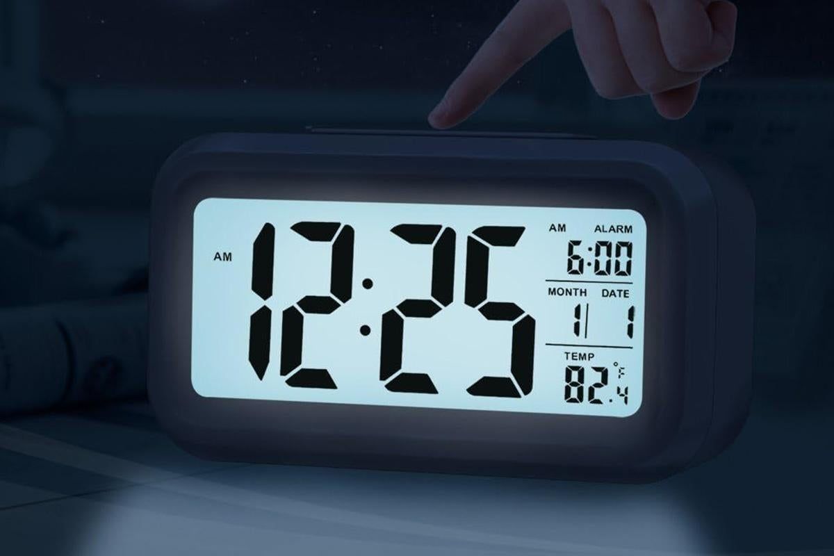 Desk Small Clock Night Light Digital Alarm Clock Battery Operated with Indoor Temperature -Black