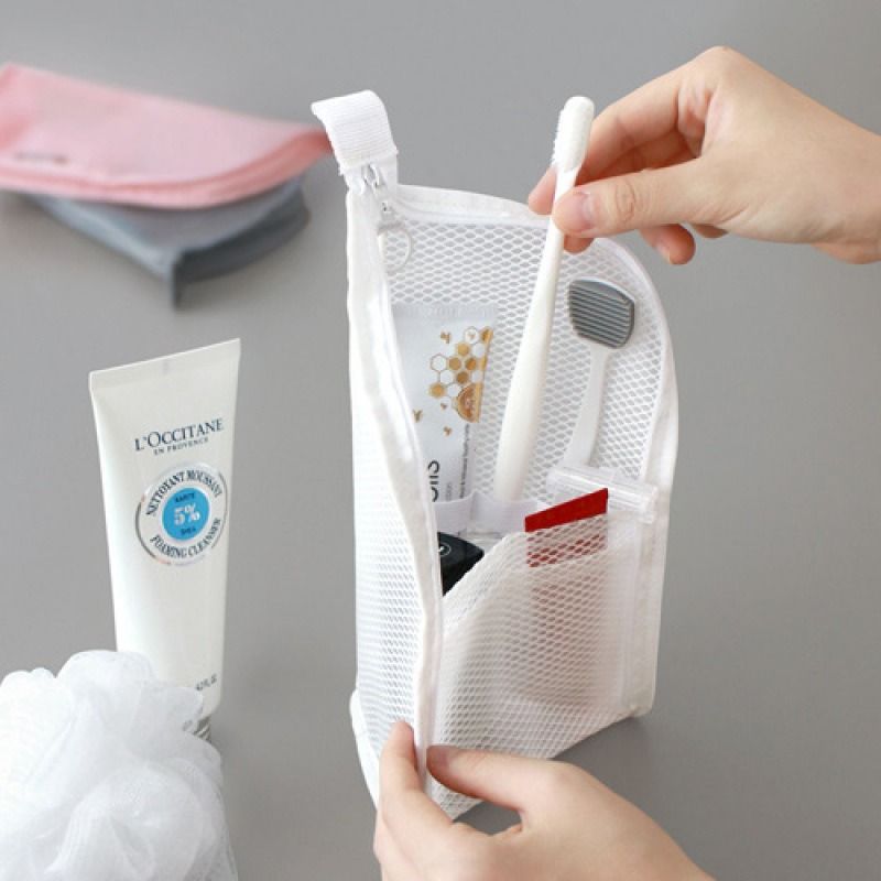 EVA Mesh Travel Toothbrush Organizer, Portable Toiletry Pouch, Multifunctional Organizer for Toothpaste, Eyebrow Pencils, and Lipstick - White