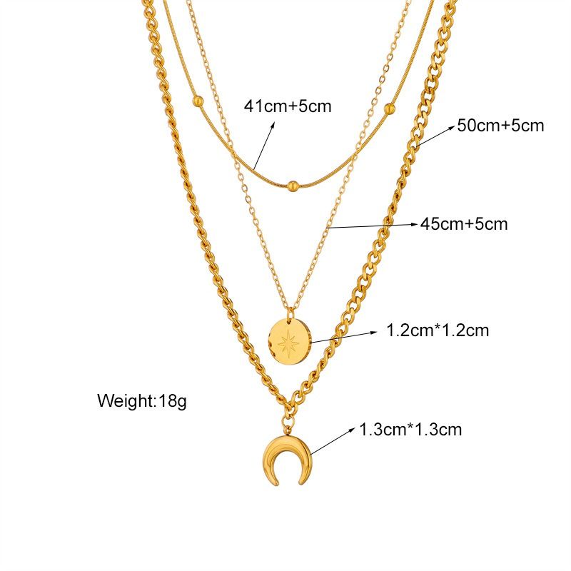 Three-Tier Layered Star and Moon Round Pendant Necklace: 18K Gold-Plated Titanium Steel Collar Necklace for Women