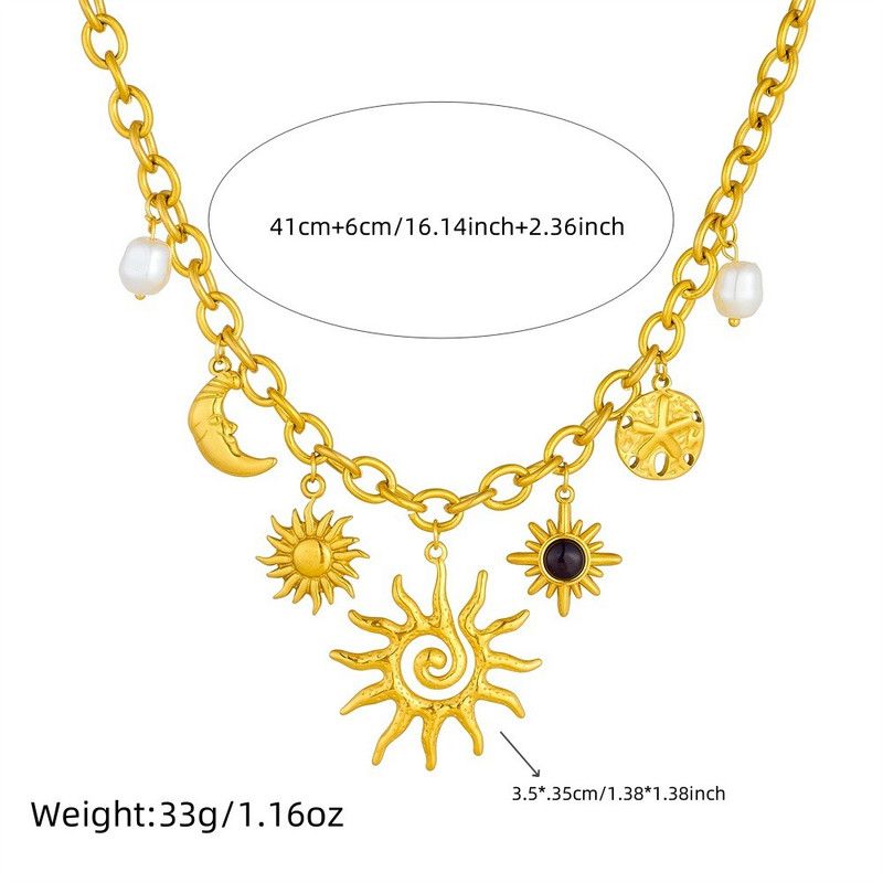 Bohemian-style multi-pendant necklace, gold-plated titanium Cuban chain, women's sun-and-moon pearl collar necklace