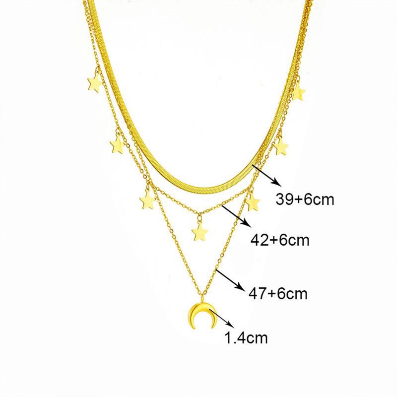 Triple-strand Star and Moon Titanium and Steel Necklace, 18K Gold-Plated Collar Chain, Women's Snake-Chain Jewelry
