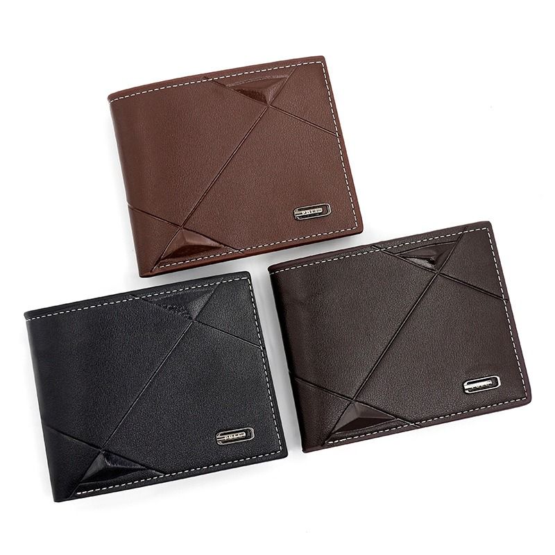 Men's Short Bifold PU Wallet, Geometric Embossed Billfold with Multiple Card Slots and Zipper Coin Pocket for Business, Casual, and Daily Use - Black