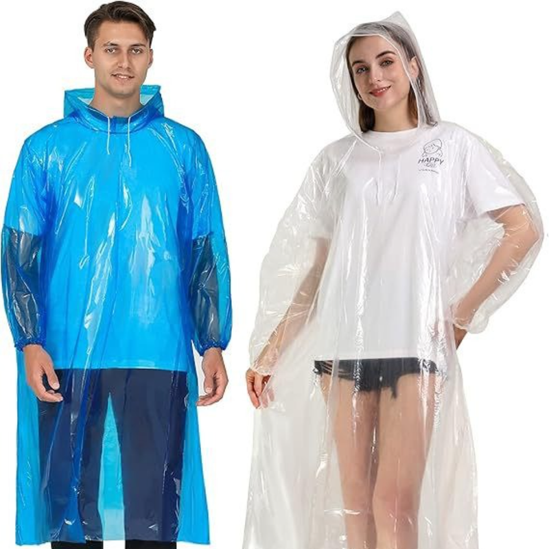 6-Pack - Disposable Thickened PE Rain Poncho, Waterproof Raincoat with Drawstring Hood & Elastic Cuffs, for Hiking, Concerts, and Outdoor Activities - Clear