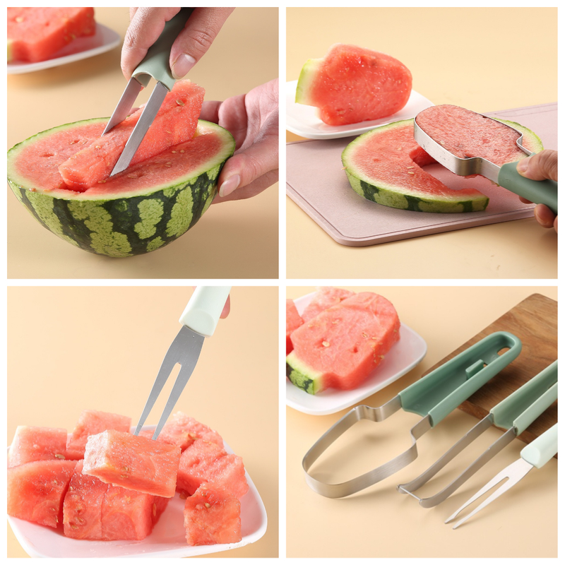 3-in-1 Stainless Steel Watermelon Cutter Set, Multi-Function Melon Slicer, Scoop, and Fork Kitchen Tool—Off-White