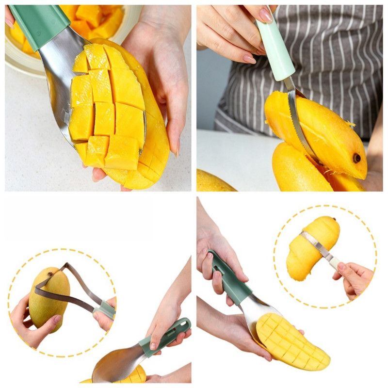 Stainless Steel Mango Cutter 3-Piece Set, Multi-Function Mango Core Remover & Dicer Kitchen Tool—Orange