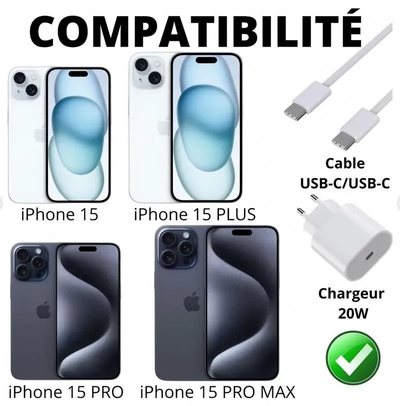 20W USB-C Fast Charger with 1m Cable - White, Compatible with iPhone 15/16/17