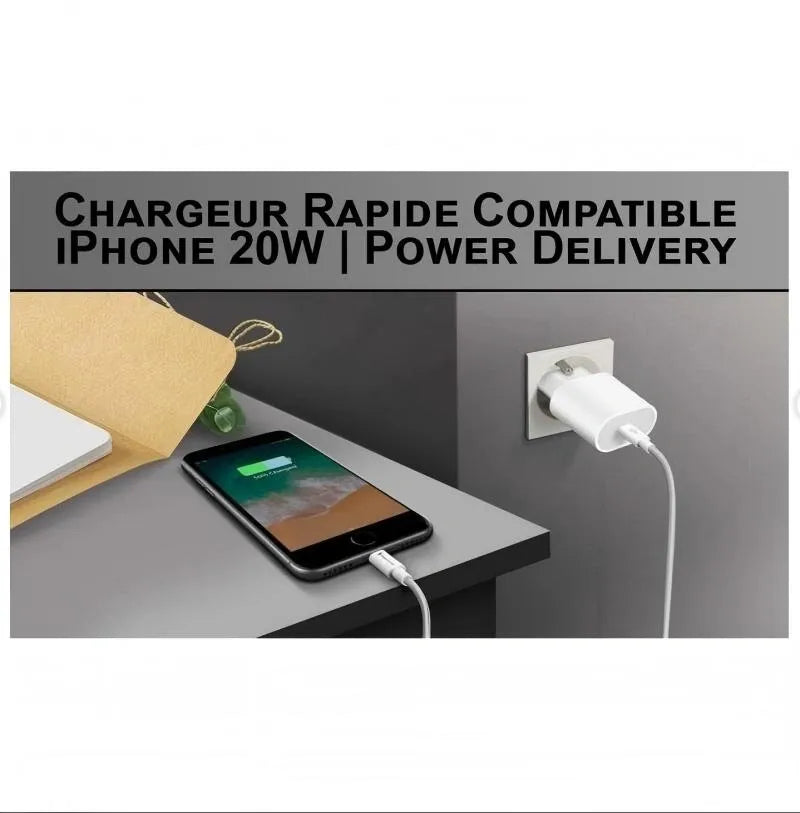 20W USB-C Fast Charger with 1m Lightning Cable - White, Compatible with iPhone 11/12/13/14/X
