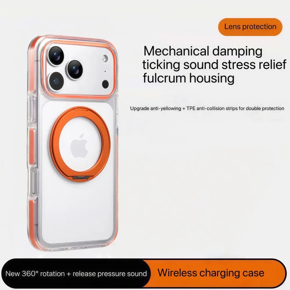 Clear MagSafe iPhone 17 Pro Max Case with 360° Rotating Ring Stand - Orange Edition