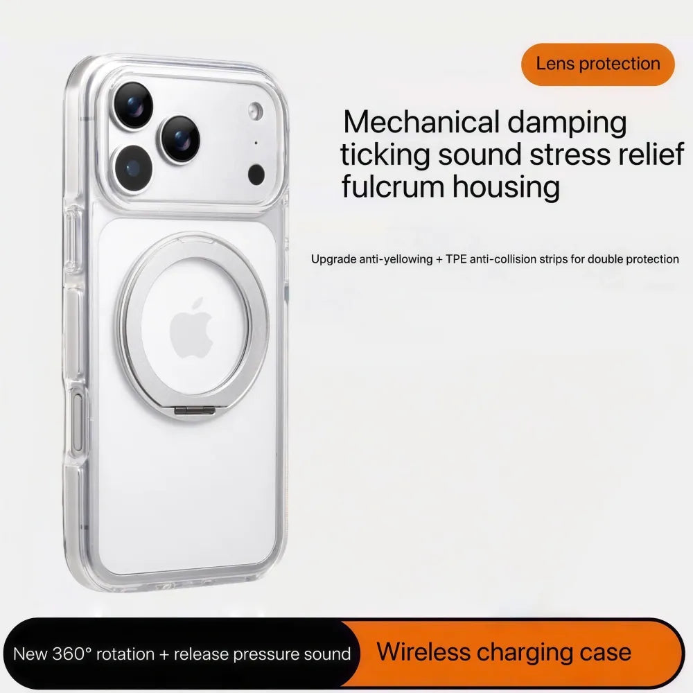 Clear MagSafe iPhone 17 Pro Max Case with 360° Rotating Ring Stand - Silver Edition