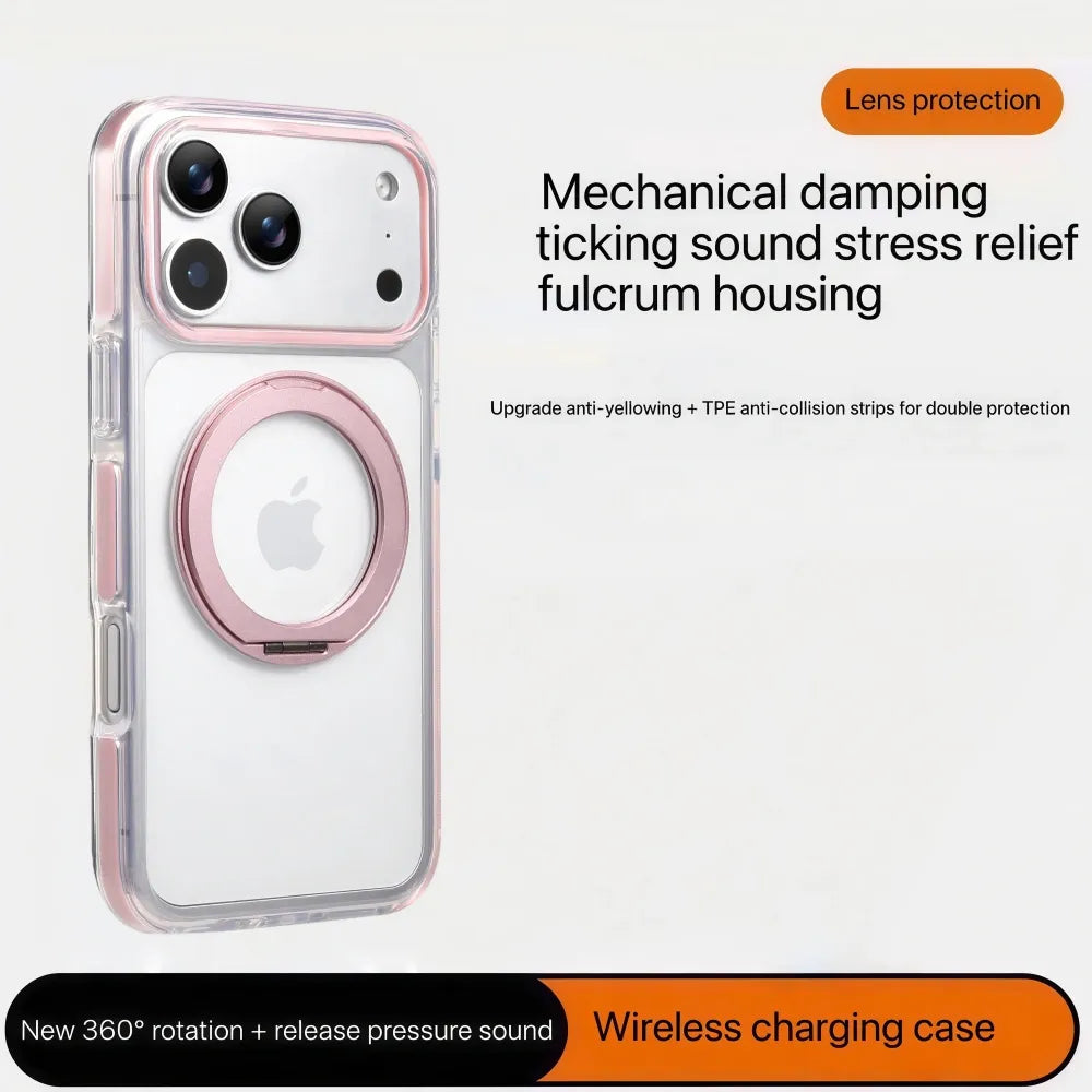 Clear MagSafe iPhone 17 Pro Case with 360° Rotating Ring Stand - Pink Edition
