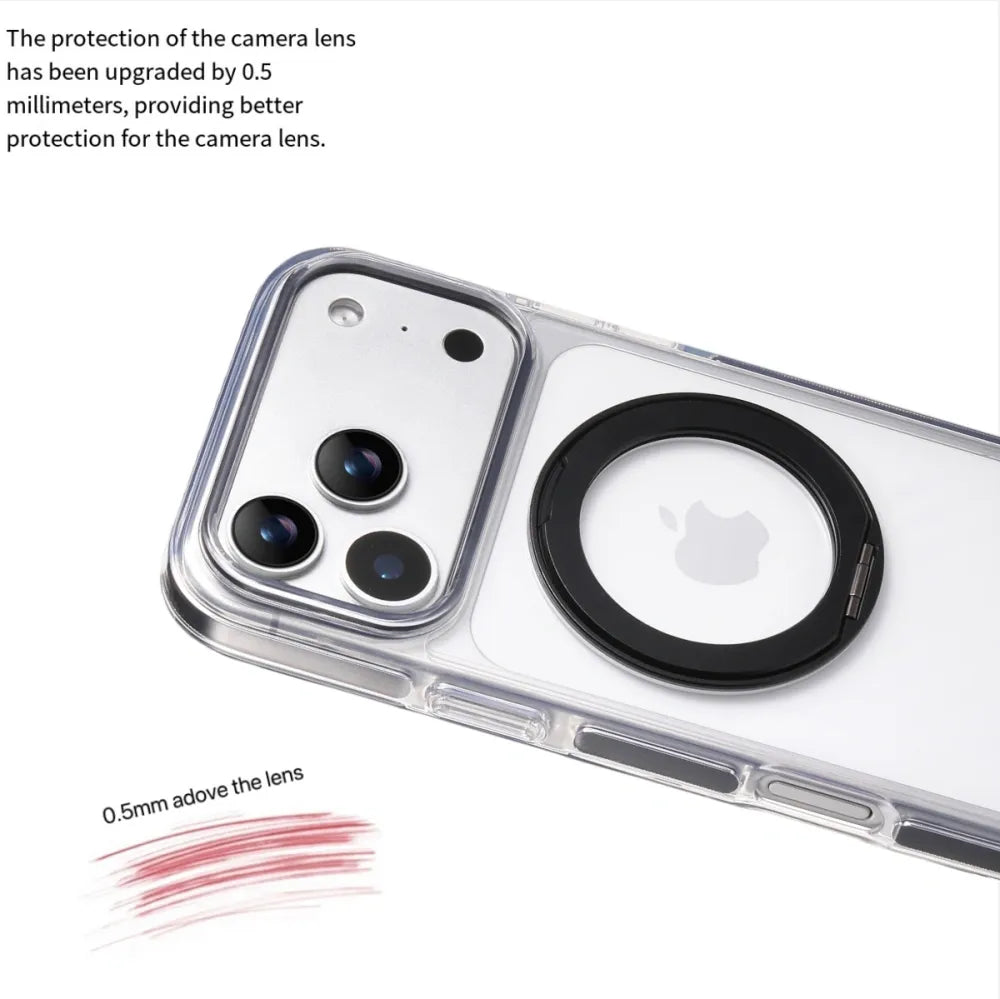 Clear MagSafe iPhone 17 Pro Max Case with 360° Rotating Ring Stand - Black Edition