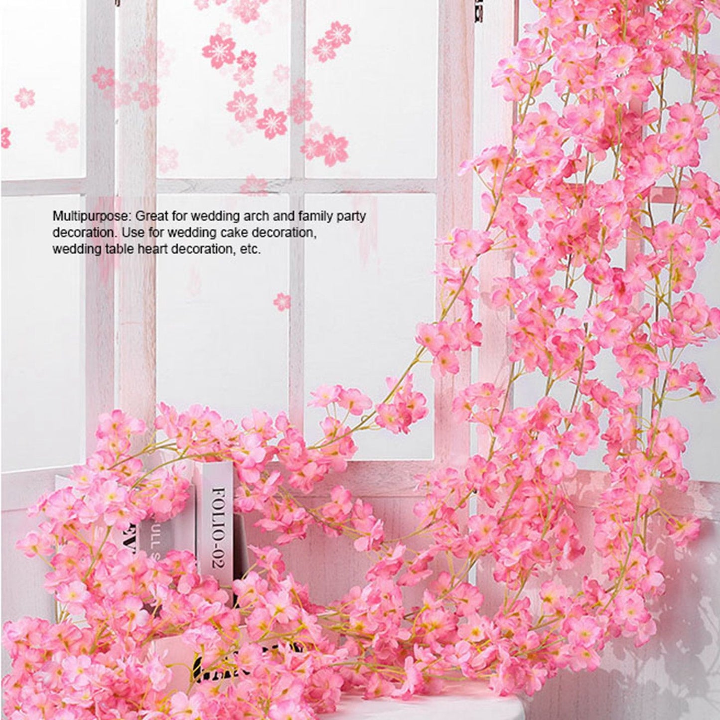 1.8m 256 Simulated Artificial Sakura Flower Garland Hanging Vines for Spring Home Room Wedding Party Decor Dark Pink