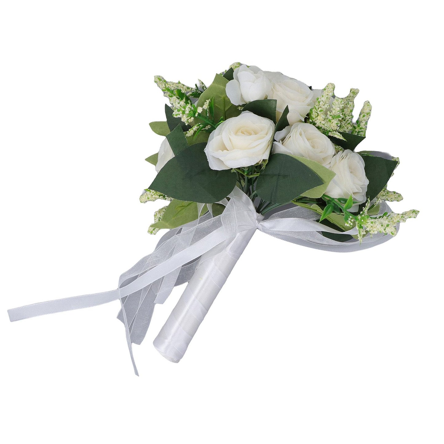 Wedding Bouquet Simulation Artificial Rose Lifelike Green Leaves Modern Elegant Rose for Wedding Church Home Decor Milky White
