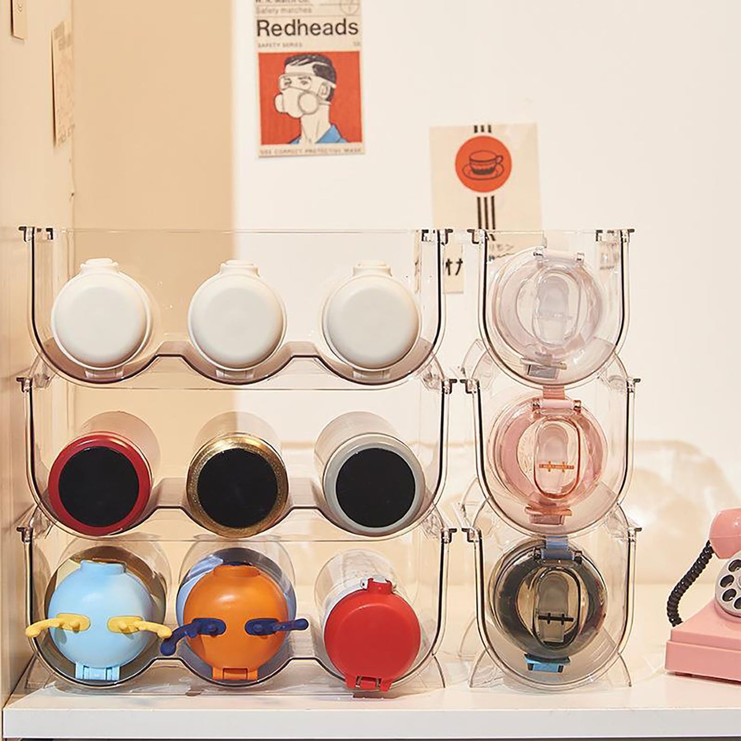 Water Bottle Organizer Transparent Stackable Space Saving Water Bottle Storage Holder Rack for Vacuum Cup 2 Grids