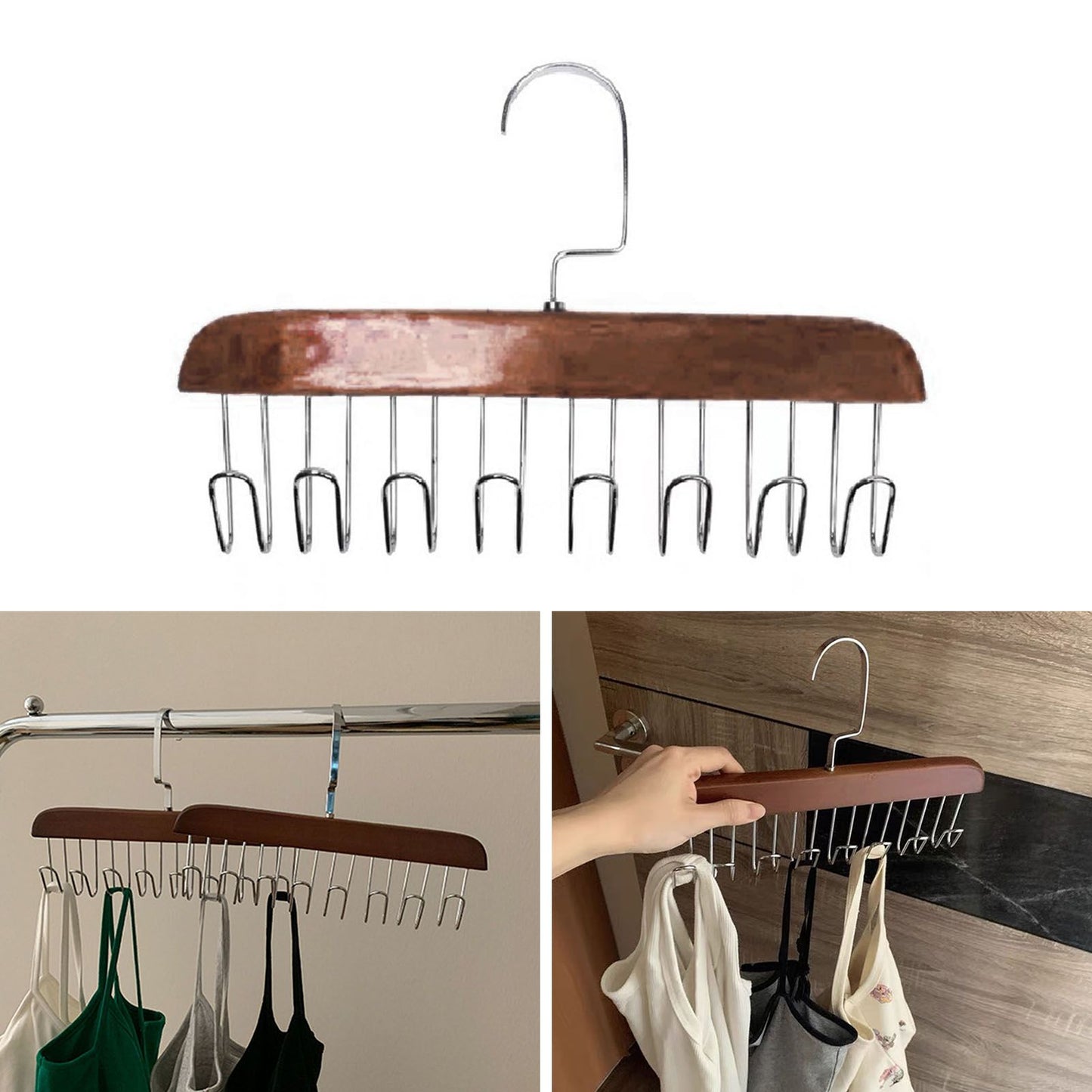 Multifunctional Hanger Punch Free with 8 Hooks Wood and Stainless Steel Cap Holder for Student Dormitory Dark Brown