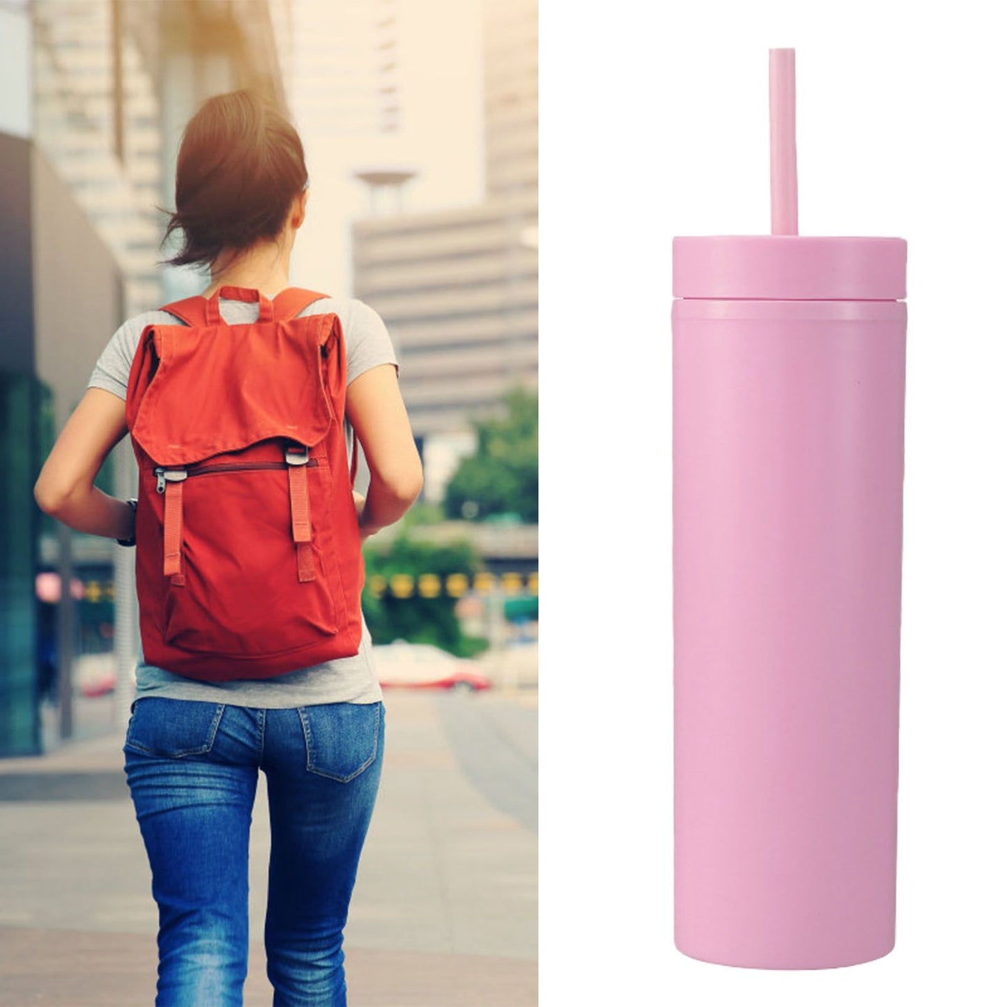 16oz Plastic Tumblers with Lids and Straws Frosting Matte Plastic Drinking Cups for Outdoor Sports 1767 Pink