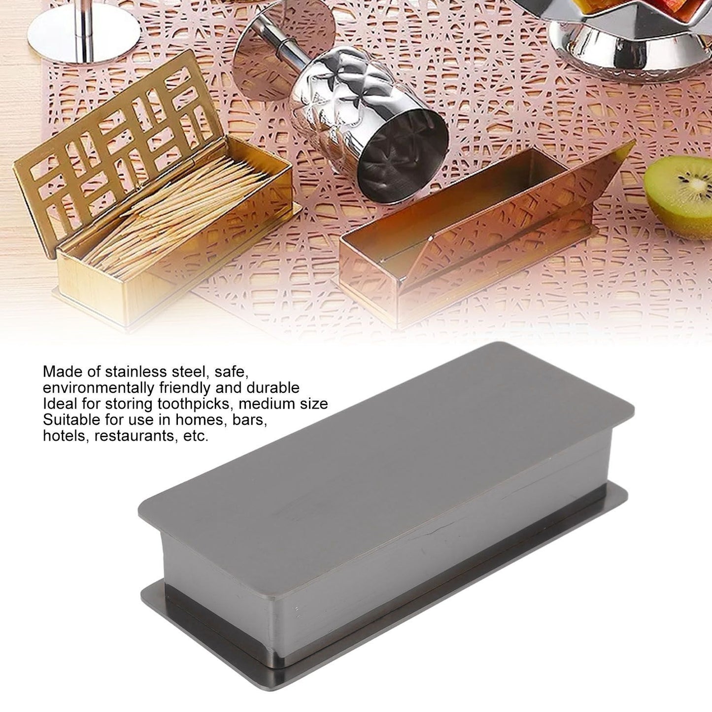 Toothpick Holder Stainless Steel Rectangular Toothpick Holder with Lid for Home Bar Hotel Restaurant Silvery Black