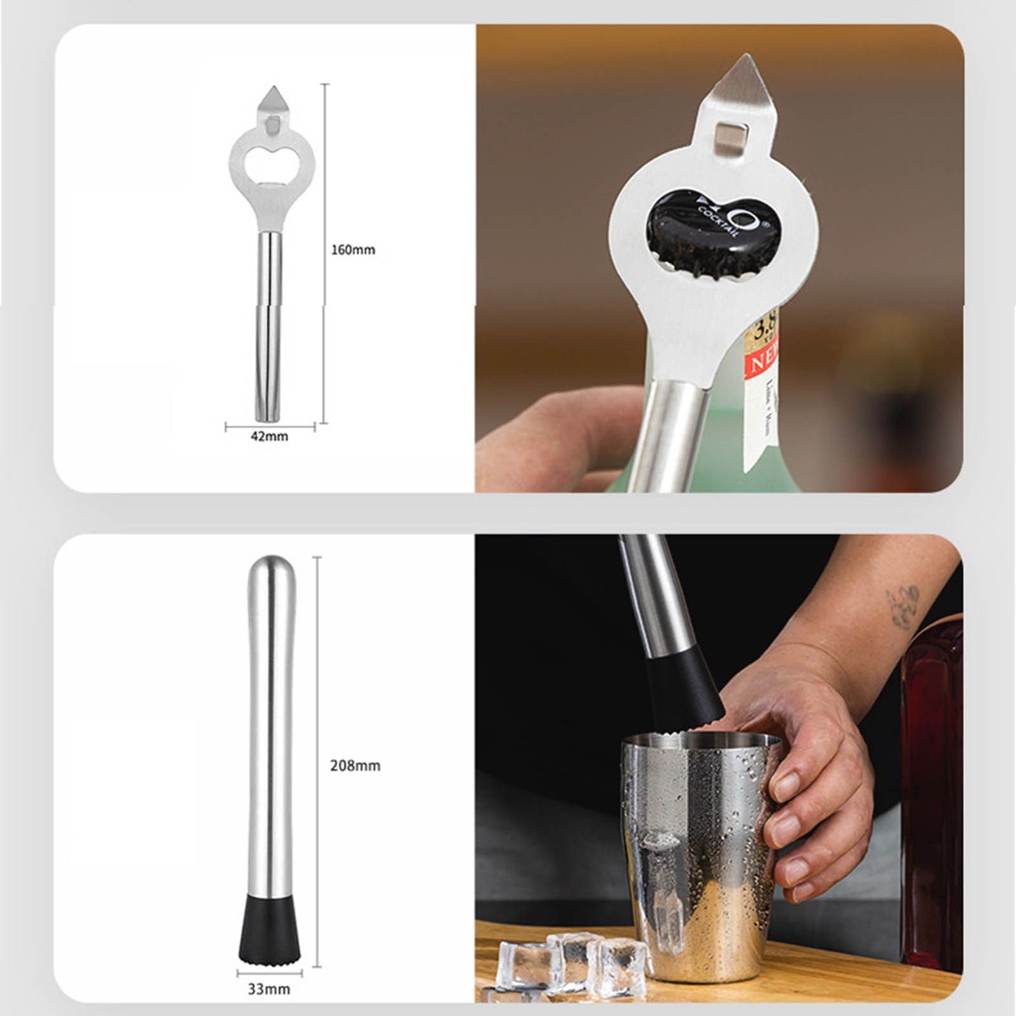 10PCS Home Bartending Kit Stainless Steel with Bamboo Tray Cocktail Mixing Tool Set for DIY Novice 550ML