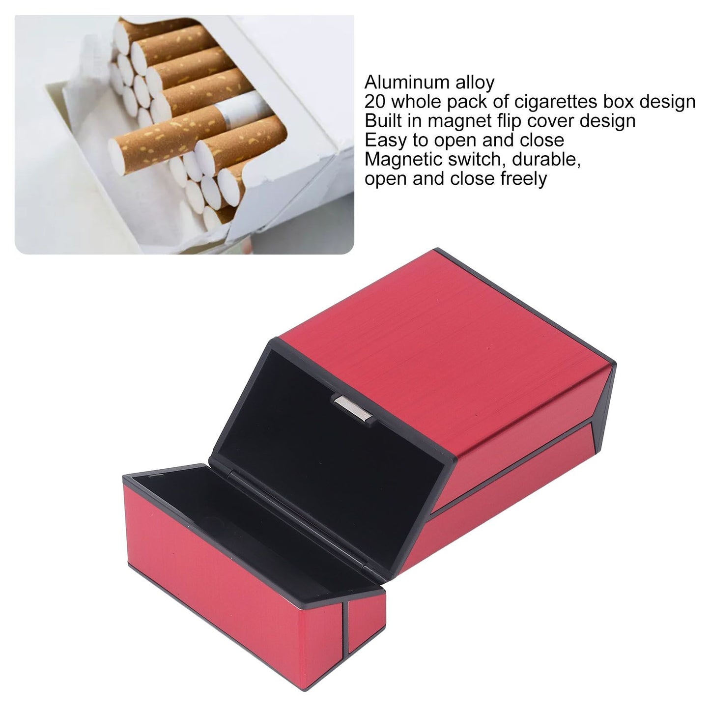 Magnetic Cigarette Case 20 Capacity Universal Flip Cover Aluminum Alloy Cigarette Box for Women Men Red