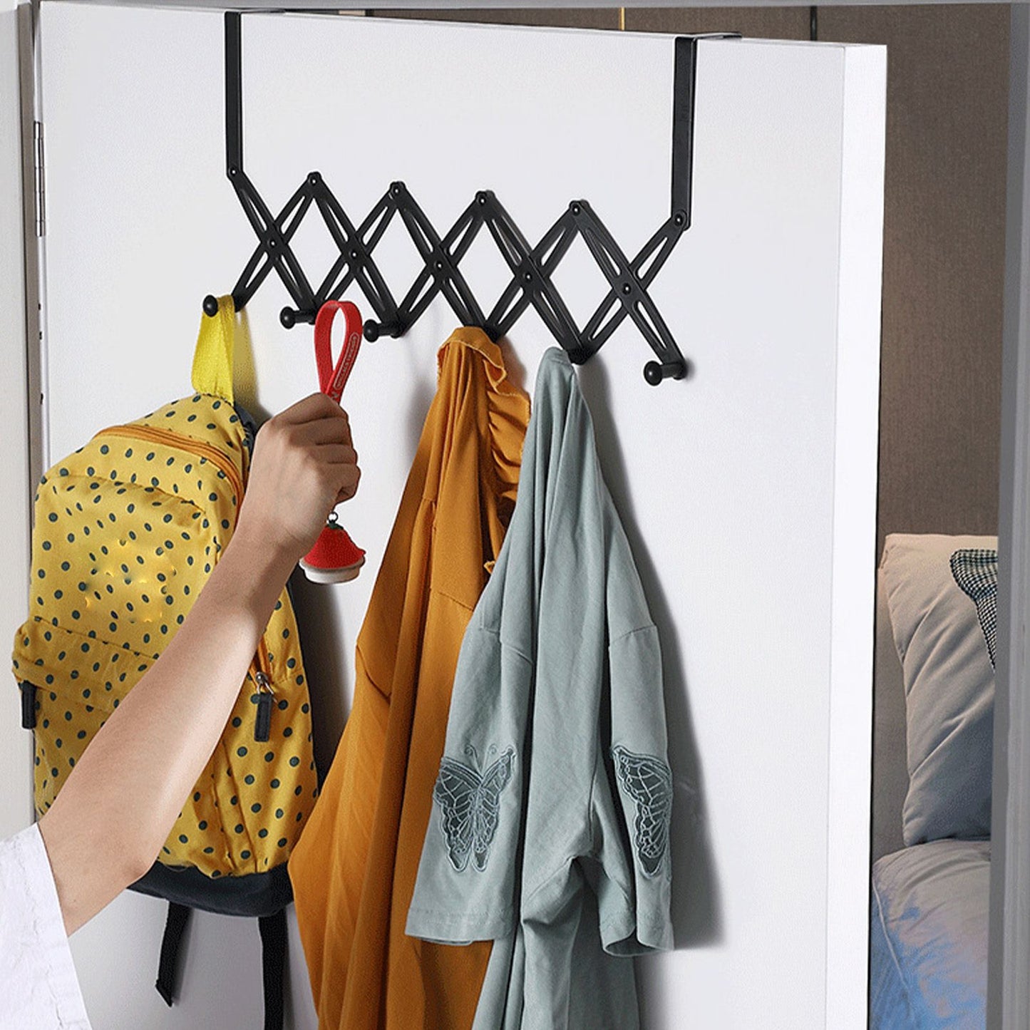 Over Door Hooks Expandable Stainless Steel Clothes Coat Rack for Bedroom Indoor 6 Hangers Black