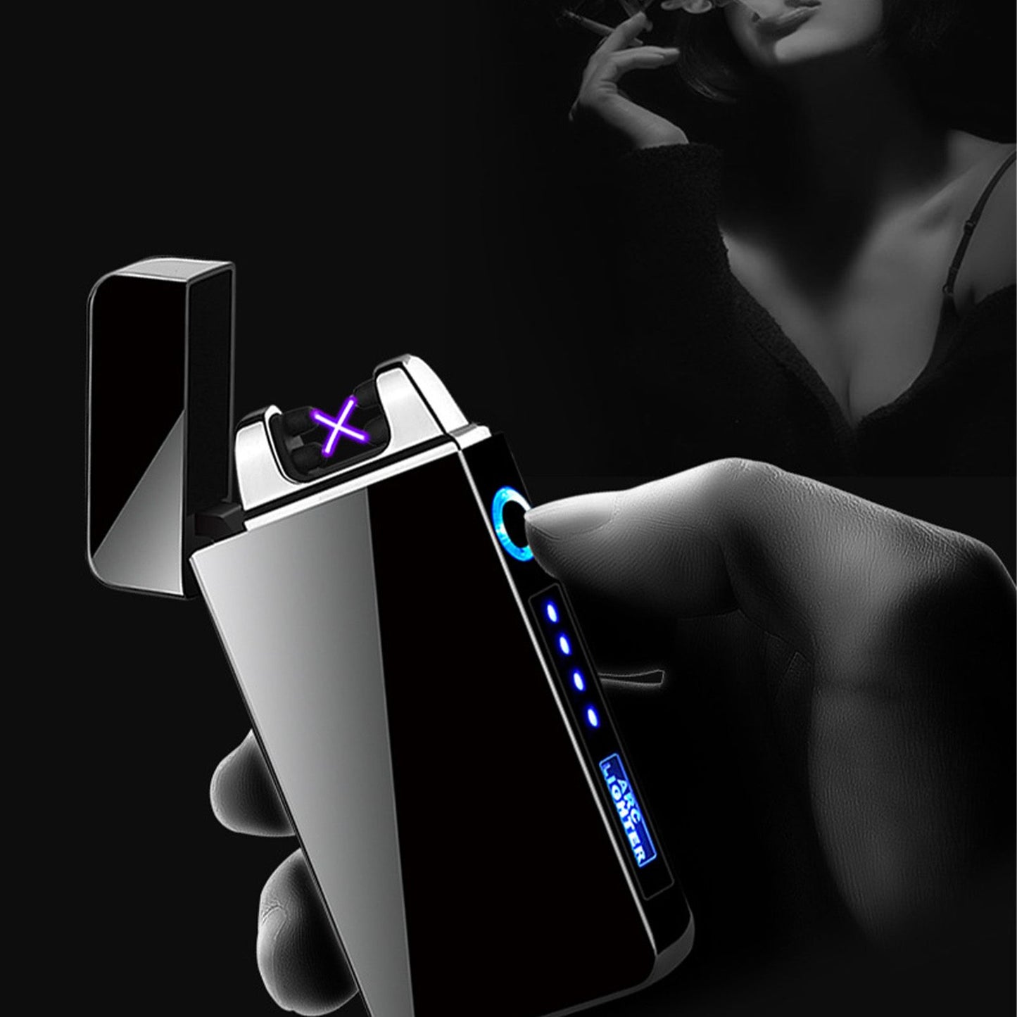 Double Arc Pulsing Cigarette Lighter Zinc Alloy Side Pressing Type Power Display Flameless Electric Lighter for Daily