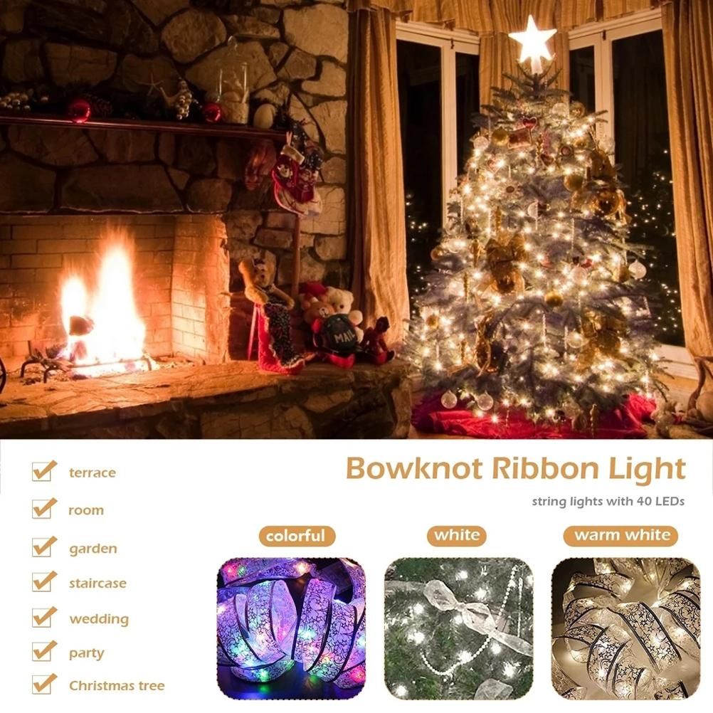 50 LED 5M Christmas Ribbon Bows With LED Fairy Lights Strings Christmas Tree Ornaments New Year Home Decor