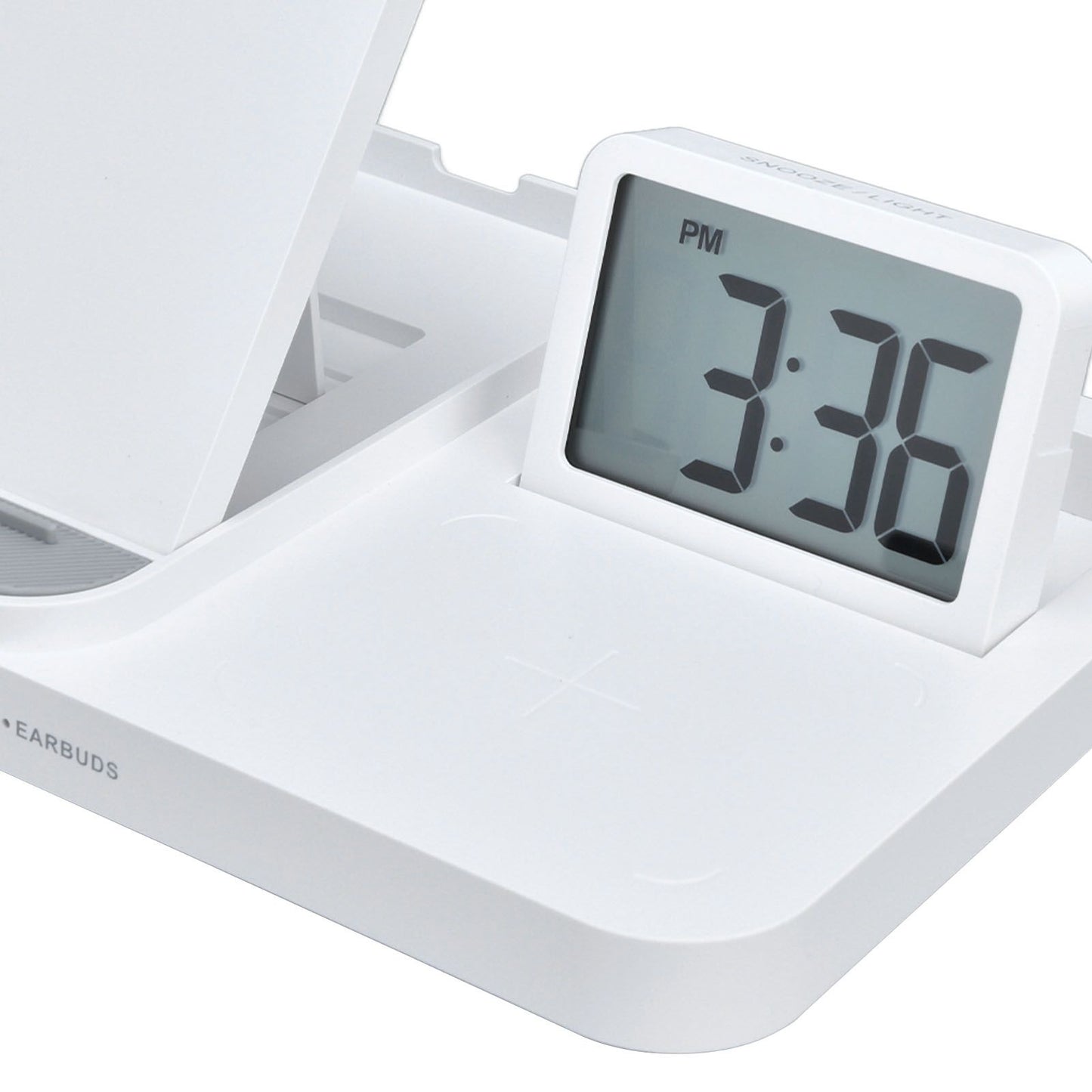 3 in 1 LCD Digital Alarm Clock with Phone Earphone Wireless Charger USB Powered for Home Office White
