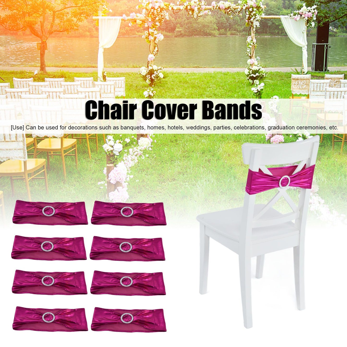10Pcs Chair Cover Bands Elastic Stretch Sashes Bows for Wedding Banquet Hotel DecorationRose Red