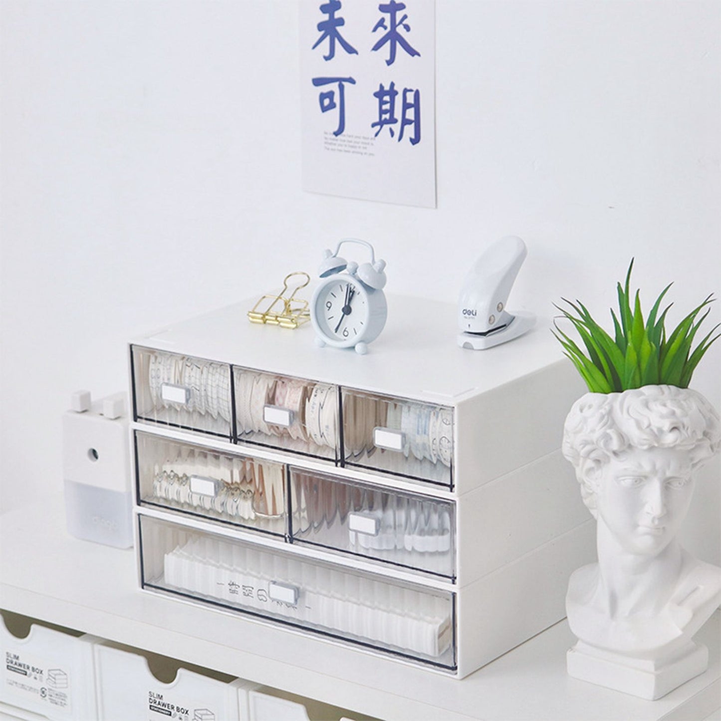 Desktop Drawer Organizer Waterproof Dustproof Plastic DIY Combination Multi Layer Stackable Drawer Storage Case Striped White 2 Drawers