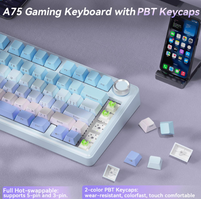 Solakaka A75 3-Mode RGB Mechanical Keyboard, Hot-Swappable Greywood V3 Switch,Blue‑Purple