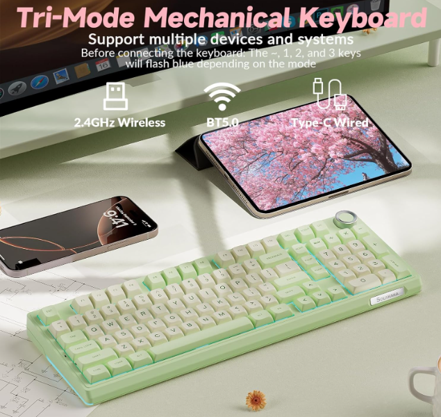 Solakaka Ki99pro 3‑Mode RGB Mechanical Keyboard, Avocado-Green