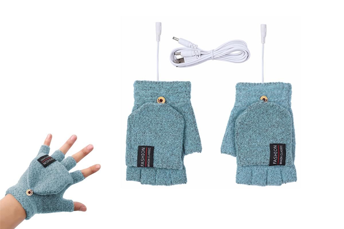 USB Heated Warmer Gloves Half Finger Mitten Electric Heated Gloves for Work Cycling Skiing Outdoor Snow -Blue