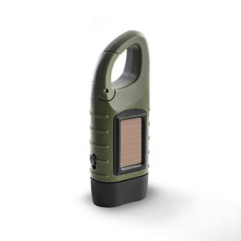 Hand Crank Solar Powered Emergency LED Flashlight - Rechargeable Light Military Green
