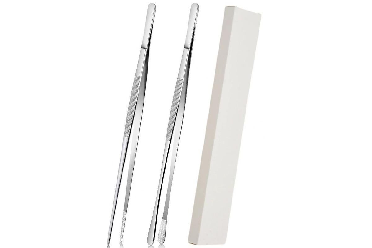 2 Pack 30cm BBQ Tongs Stainless Steel Round and Straight Head for Grilling Cooking - Silver