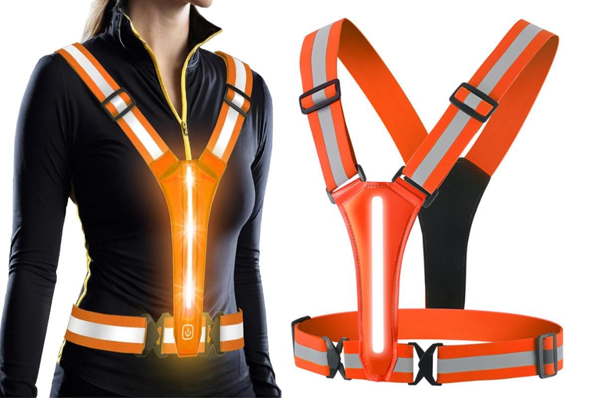 LED Reflective Vest Running Gear USB Rechargeable LED Light Up Vest High Visibility with Adjustable Waist and Shoulde for Night Walking Cycling, High Visibility Running Vest with Reflective Strips -Pink