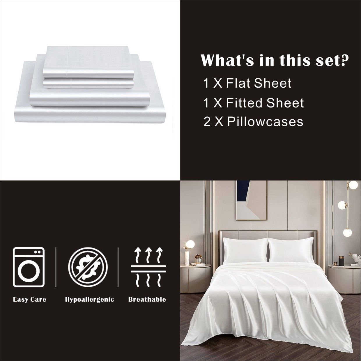 Art Silk Satin Sheet Set Hotel 4 Pieces Fitted/Flat Sheet Bedding Set-Luxury Soft Silky Sheets for Hair and Skin, Similar to Silk Bed Sheets Set 4 Pieces(Super King,White)
