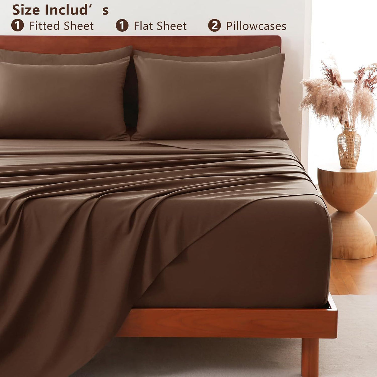 Hotel Soft Bed Sheet Set- Bedding Sheets & Pillowcases -Breathable Bedding - Wrinkle, Fade, Stain Resistant-Deep Pocket Flat Fitted Bed Sheet Set(Chocolate,Queen)