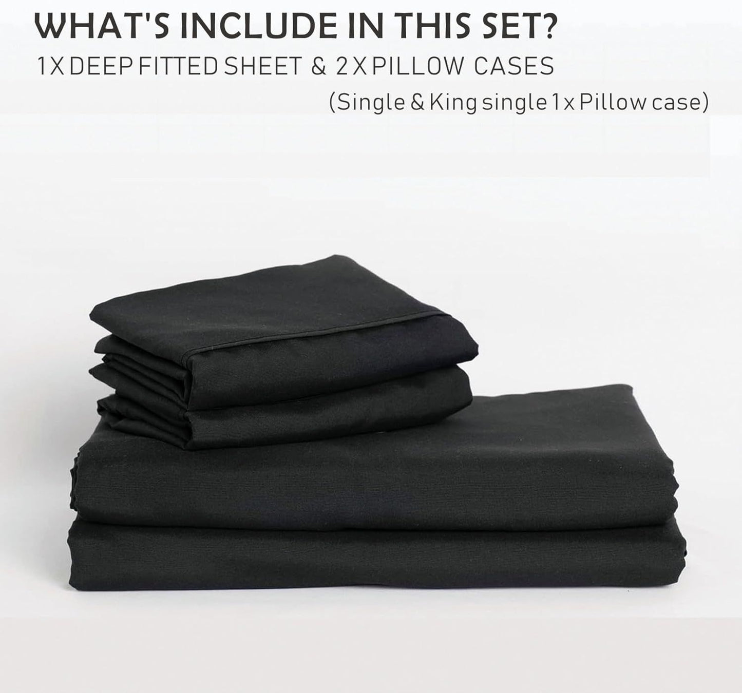 3 Piece Fitted Sheet Set- Fitted Sheet & Pillowcases -Breathable Bedding - Wrinkle, Fade, Stain Resistant- 40cm Deep Pocket Fitted Bed Sheet Set(Black,King)