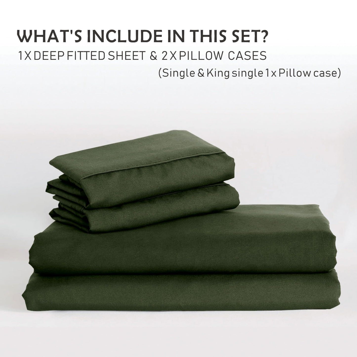 3 Piece Fitted Sheet Set- Fitted Sheet & Pillowcases -Breathable Bedding - Wrinkle, Fade, Stain Resistant- 40cm Deep Pocket Fitted Bed Sheet Set(Olive green,King)