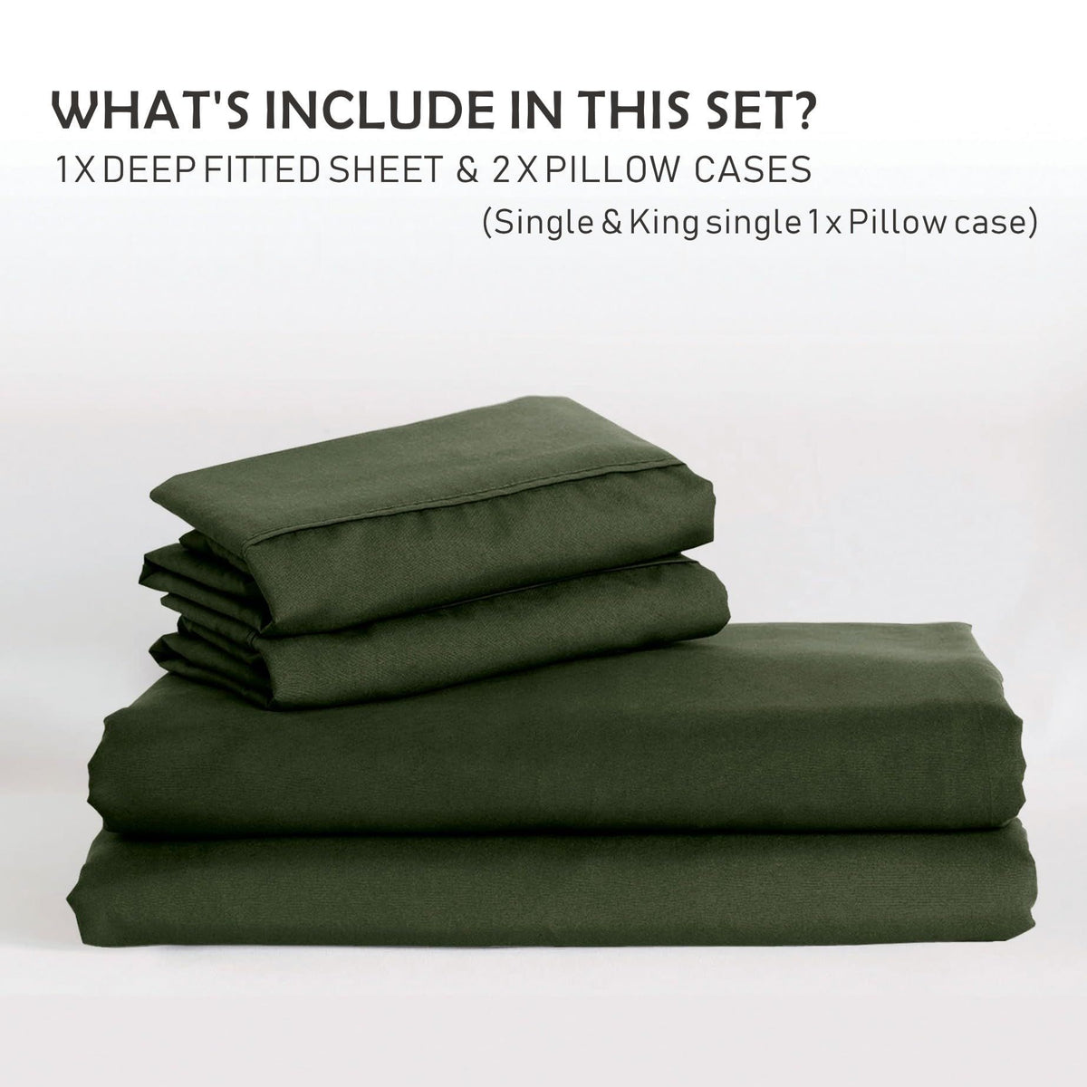 2 Piece Fitted Sheet Set- Fitted Sheet & Pillowcases -Breathable Bedding - Wrinkle, Fade, Stain Resistant- 40cm Deep Pocket Fitted Bed Sheet Set(Olive green,King Single)