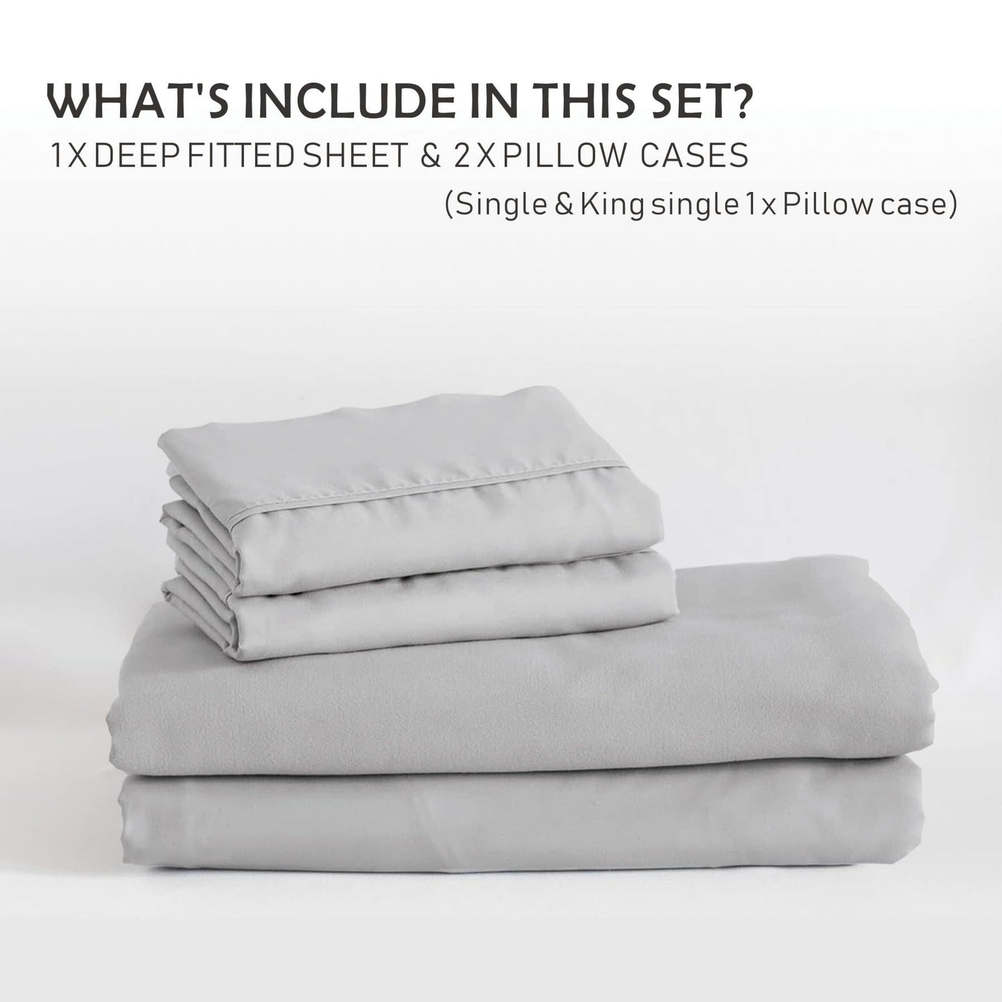 2 Piece Fitted Sheet Set- Fitted Sheet & Pillowcases -Breathable Bedding - Wrinkle, Fade, Stain Resistant- 40cm Deep Pocket Fitted Bed Sheet Set(Silver-gray,Single)