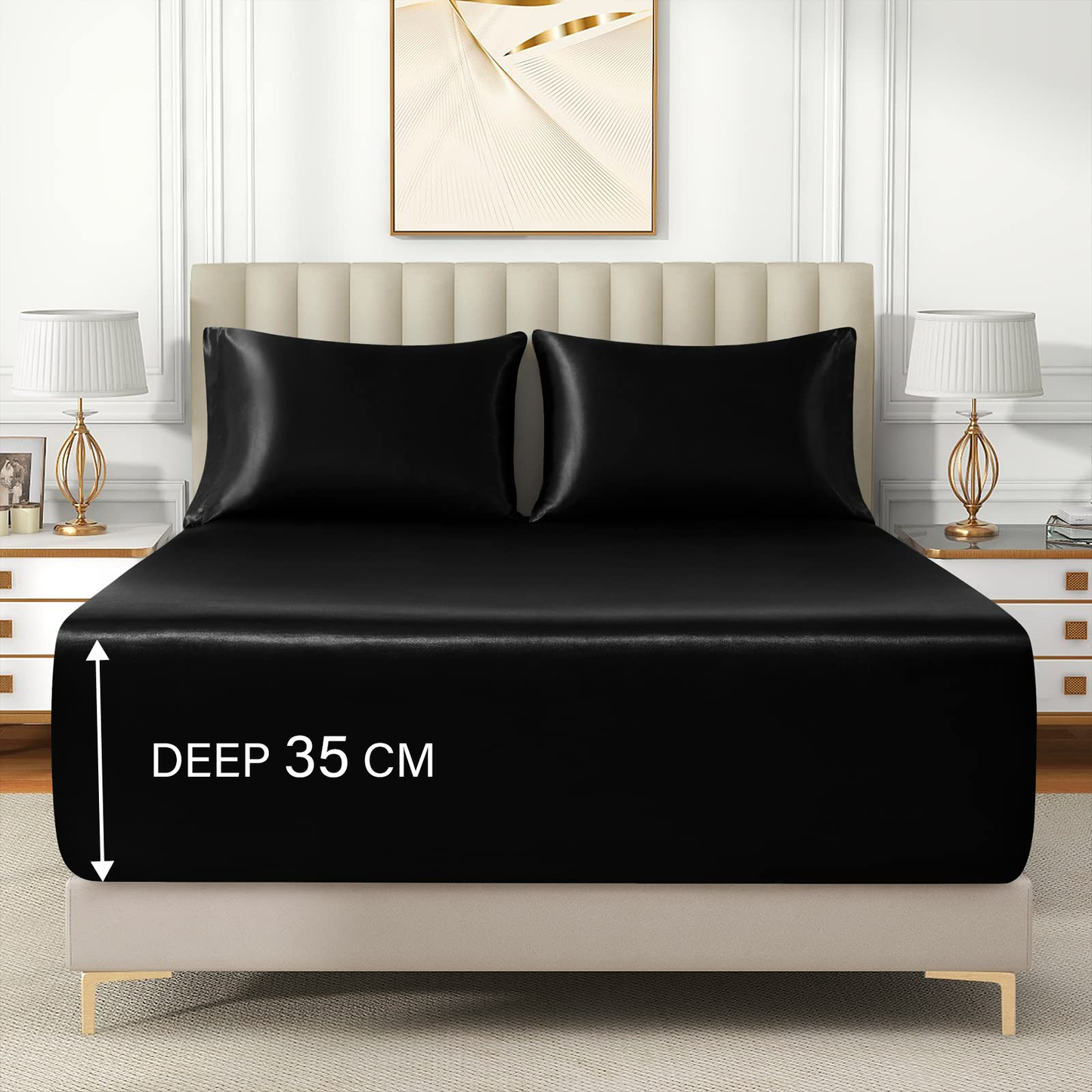 Satin Fitted Sheet Set Hotel 3 Pieces Fitted Sheet with Pillowcase, Art Silk Bedding Set-Luxury Soft Silky Sheets for Hair and Skin, Similar to Silk Fitted Sheets Set 3 Pieces(King,Black)
