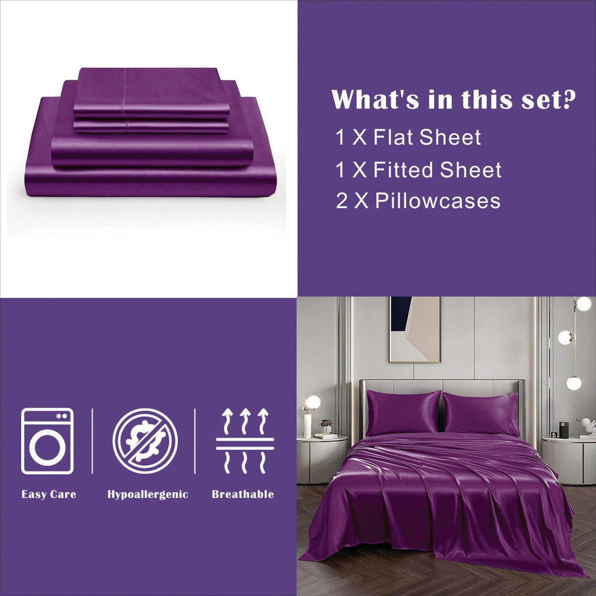 Art Silk Satin Sheet Set Hotel 4 Pieces Fitted/Flat Sheet Bedding Set-Luxury Soft Silky Sheets for Hair and Skin, Similar to Silk Bed Sheets Set 4 Pieces(King,Purple)