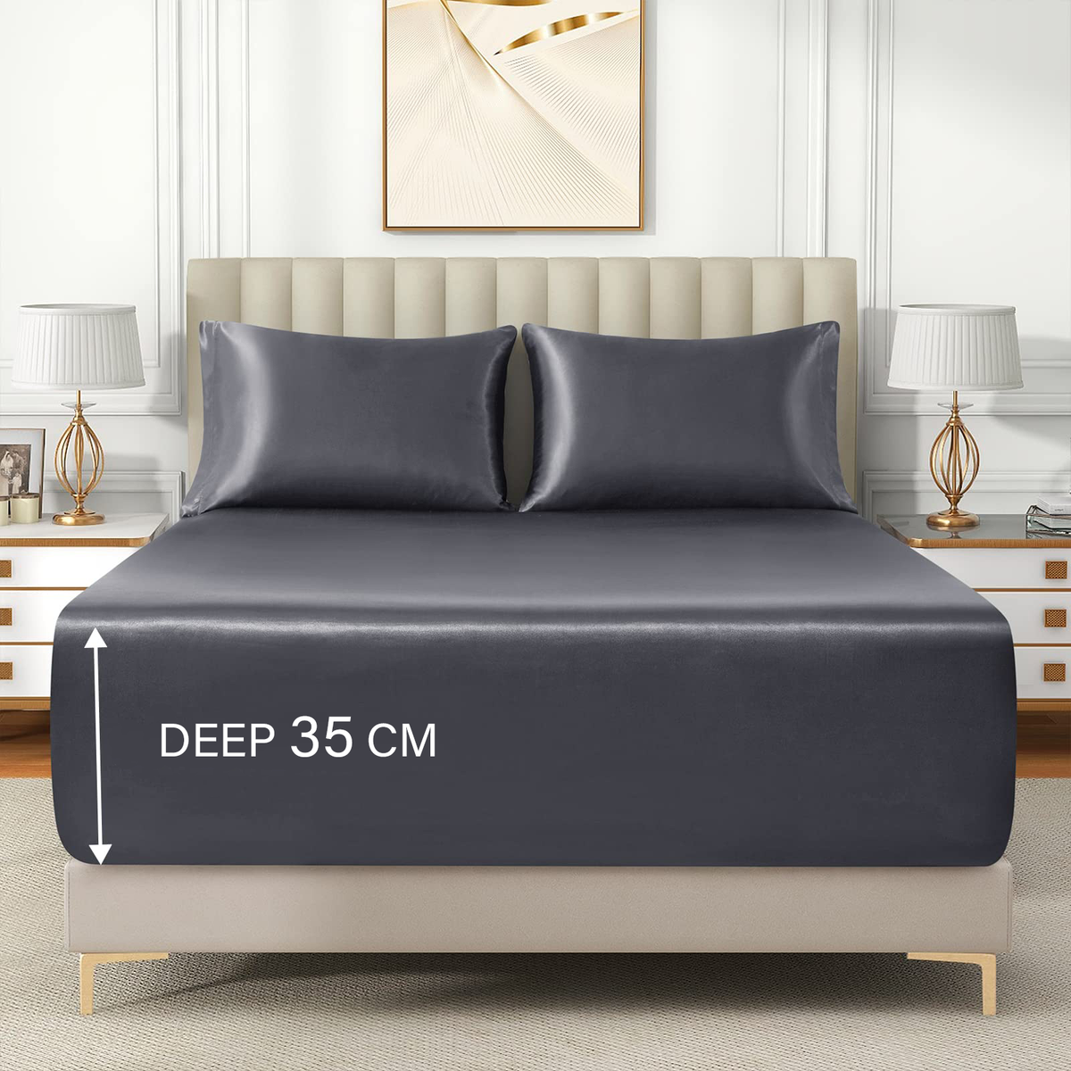 Satin Fitted Sheet Set Hotel 3 Pieces Fitted Sheet with Pillowcase, Art Silk Bedding Set-Luxury Soft Silky Sheets for Hair and Skin, Similar to Silk Fitted Sheets Set 3 Pieces(Queen,Grey)