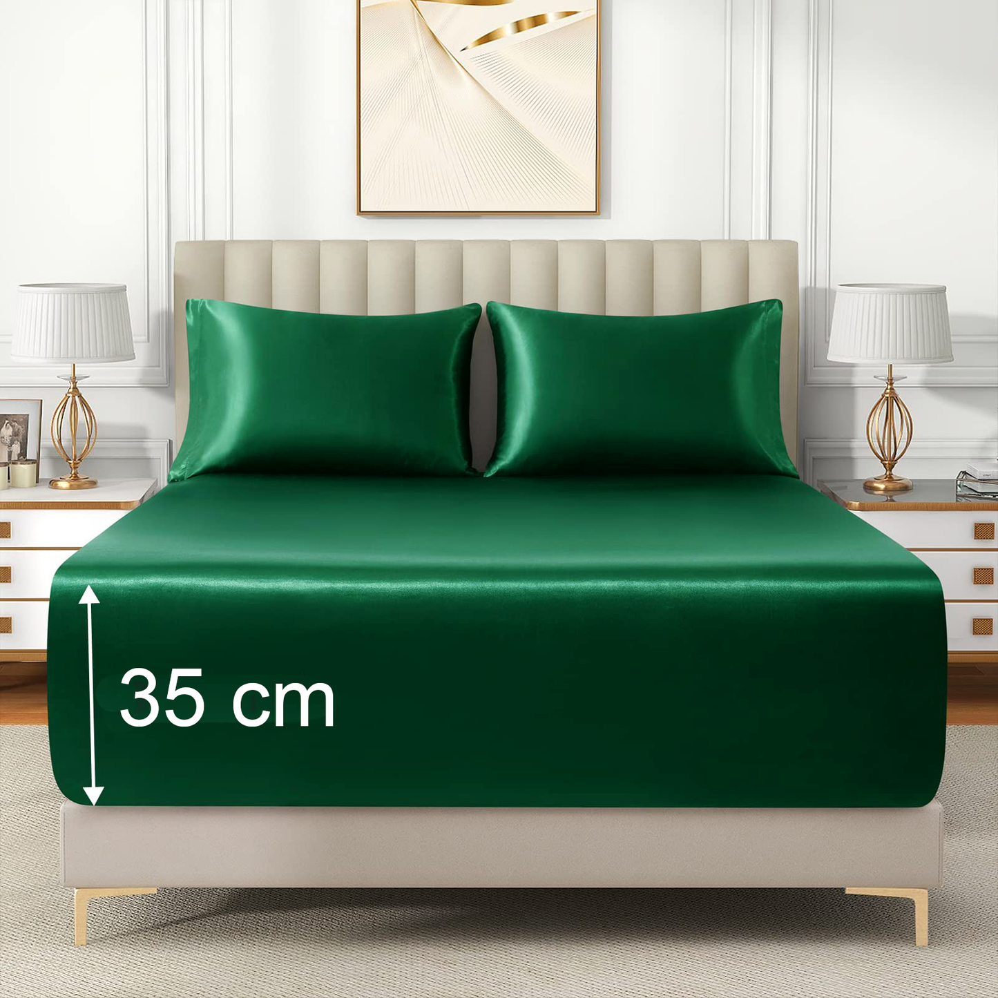 Satin Fitted Sheet Set Hotel 3 Pieces Fitted Sheet with Pillowcase, Art Silk Bedding Set-Luxury Soft Silky Sheets for Hair and Skin, Similar to Silk Fitted Sheets Set 3 Pieces(Super King,Green)