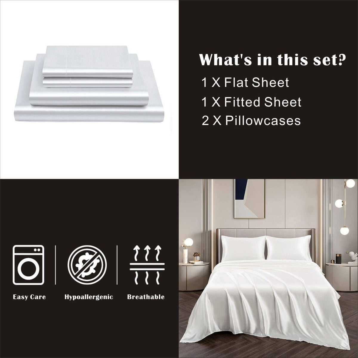 Art Silk Satin Sheet Set Hotel 4 Pieces Fitted/Flat Sheet Bedding Set-Luxury Soft Silky Sheets for Hair and Skin, Similar to Silk Bed Sheets Set 4 Pieces(Super King,White)